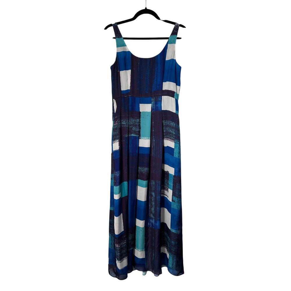 Ann Taylor Dress Petite Size 8P Blue White Geometric Colorblock Sleeveless Maxi‎ - Picture 4 of 12